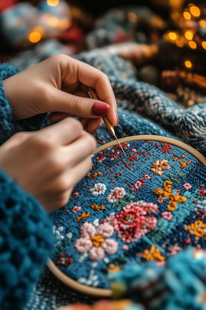 ręce haftujące wzór